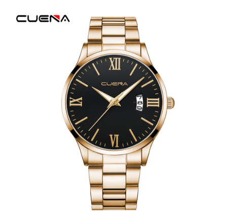 CUENA Original Brand New Men's Watch Simple Luxury Automatic Calendar Fashion Business Sports Stainless Steel Wristband Waterproof Watch GOLD BLACK