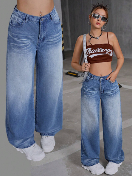 SHEIN Teen Girls Y2K Trending Washed Retro Wide Leg Jeans High Waist Mopping Pants Loose Straight Pants,Girls Back To School Fall Clothes Outfits