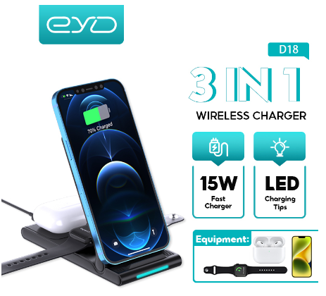 EYD D18 Foldable Wireless Charger Stand 3 in 1 Magsafe Fast Charging Portable Station Dock for iPhone Airpods Apple Watch Samsung
