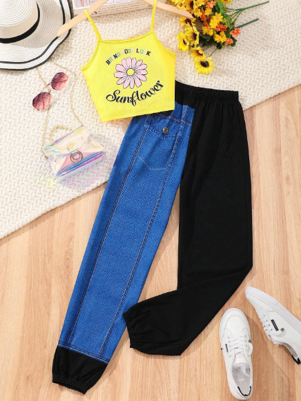 Teen Girl Floral & Letter Printed Spaghetti Strap Top And Denim Patchwork Long Pants Set