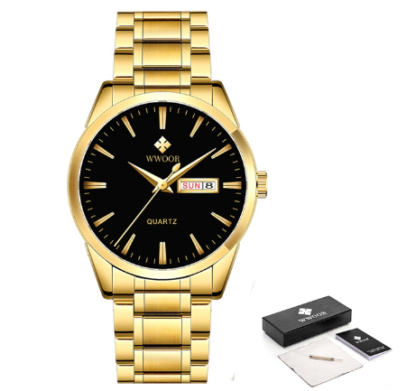 Wwoor Watch Men Stainless Steel Waterproof Quartz Wristwatch Date Relogio Masculino Watch BLACK DIAL GOLD CASE STRAP