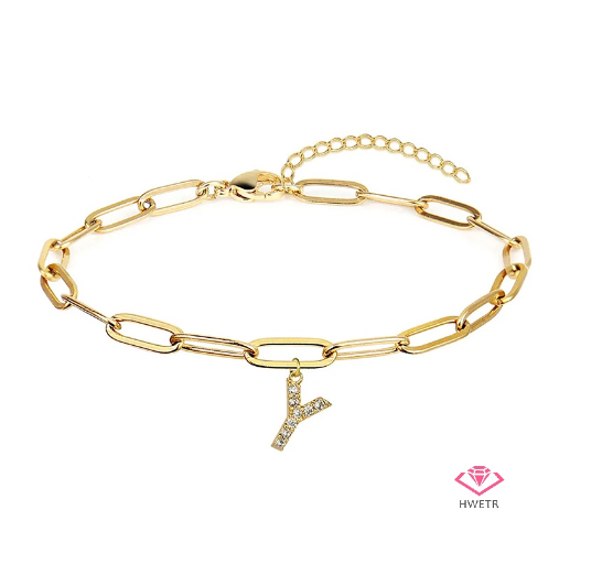 Hwetr Fashion 26 A-Z Initial Bracelet For Women Classic Zircon Letter Pendant Paper Clip Chain Bracelet Jewelry Accessories Gift Y