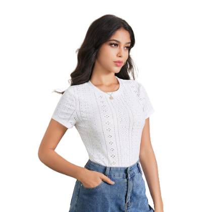 Lovito Women Jacquard T-Shirt LBE03009 (White)