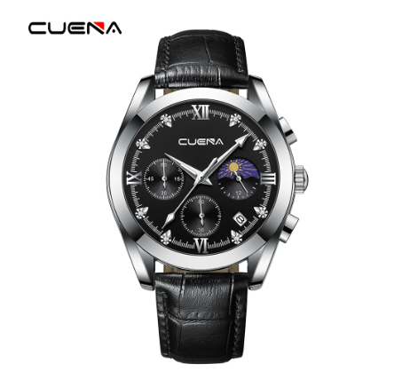 CUENA New Men's Watch Fashion Business Simple Leather Waterproof Automatic Date Quartz Decorative Dial 6108  M004