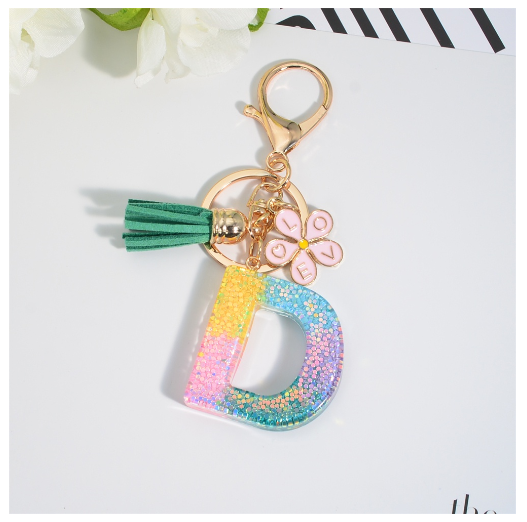 Fashion 26 Letter Resin Keychain A-Z Round Sequins Filled Alphabet Flower Pendant Keyring with Tassel Bag Ornament Accessories D