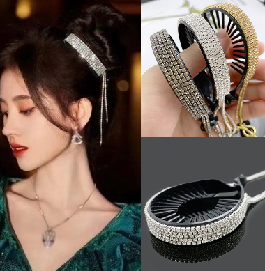 Fashion Hair Claw Clip Bunded Head Ring Horsetail Buckle Hair Accessories Rhinestone Tassel Hair Clip Round Hairpin