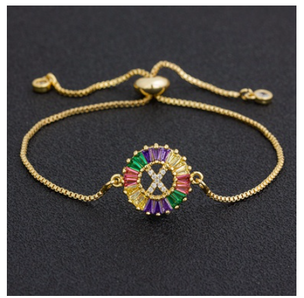 New Fashion A-Z Initial Colorful Cubic Zircon Letter Bracelets Adjustable Chain Rainbow Jewelry X