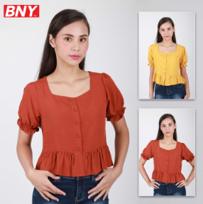 BNY Ladies Rayon Square-Neck Short-Sleeve Top Flounce Hem 368