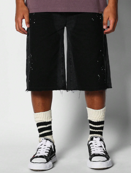 SUMWON Color Block Raw Hem Denim Short With Paint Print