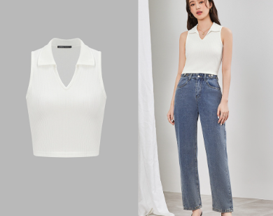 Lovito Women Casual Plain Jacquard Polo Collar Tank Top L65ED045 White