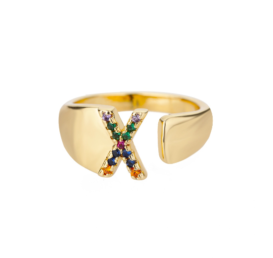 Maxzone Fashion Colorful Chunky Wide Letter A-Z Rings For Women Gold Opening Initial Letter Ring Femme Wedding Party Jewelry X