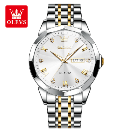 Olevs Original Watch For Men Water Proof Stainless Steel Business Fashion Relo Quartz Analog Calendar Luminous Wrist  Watch WHITE DIAL TWO TONE STRAP
