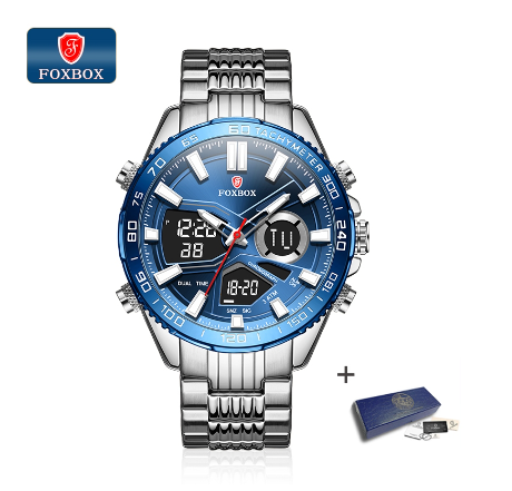 FOXBOX Fashion Sport Digital Watches For Men Waterproof Luminous Stainless Black Blue Gold Dual Display Watch SILVER BLUE