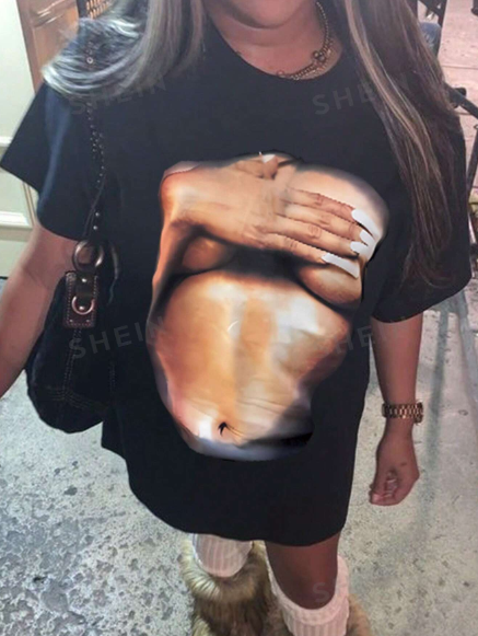 SHEIN Coolane Human Body Printed Drop Shoulder Round Neck T-Shirt