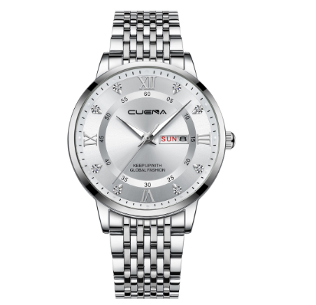 CUENA Men's Watches Fashion Casual sports Business Decorative Dial Quartz Water Resistant SILVER WHITE