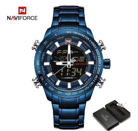 Naviforce NF9093 MenLuxury Chrono Sport Brand Military Waterproof El Backlight Digital Wristwatches BLUE