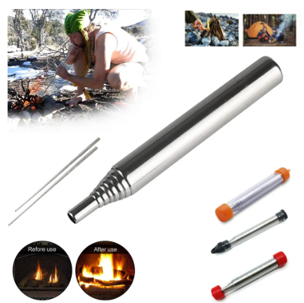 Outdoor Cooking Blow Fire Tube Stainless Steel Adjustable Torch Pocket Bellow Camping Blowing Fire Stick Survival Tools