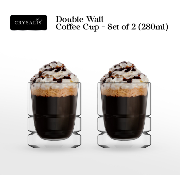 CRYSALIS Double Wall Glass Coffee Cup 280ml | 9.4oz [Set of 2] Drinking Mug Glass Dining Essentials