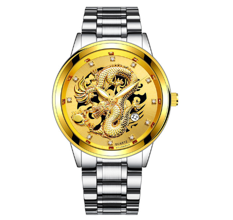 Creative Embossed Chinese Dragon High-end Business Calendar Watch Diamond-studded Steel Band Men's Quartz Watch 008