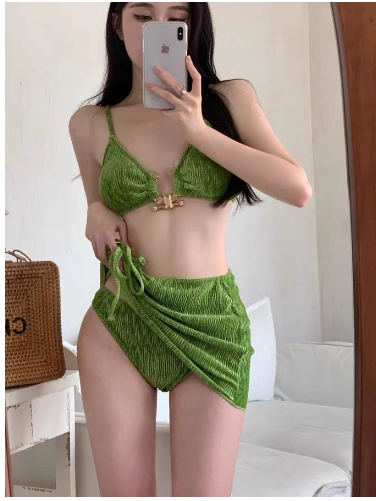 Sexy White Tender Green Velvet Big Small Breasts 2023 New Style Bikini Drawstring Hip Wrap Women Swimsuit Vacation Three-Piece Suit