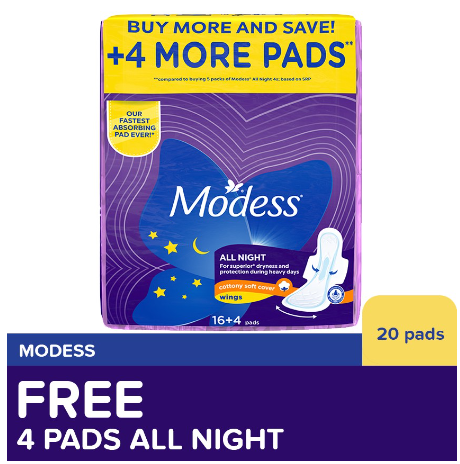 Modess All Night Sanitary Napkins 16s + Free 4 Pads