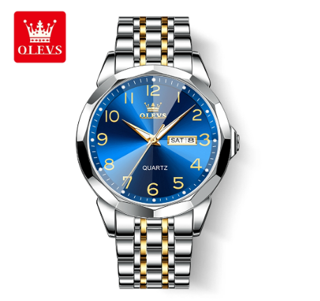 Olevs Watch For Men Waterproof Original Quartz Luminous Calendar Stainless Steel Watch BLUE DIAL TWO TONE