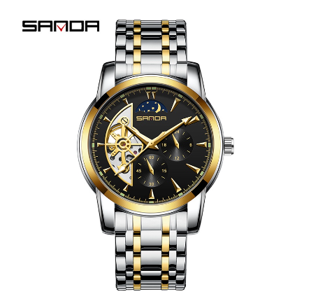 Sanda Premium Commercial Steel Strap Three Hand Water Resistant Luxury Quartz Watch GOLD BLACK STEEL STRAP