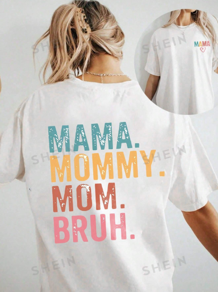 SHEIN Essnce Vintage Mom Shirt, Mother's Day Tee With Funny Letter Print, Summer Women's Short Sleeve Oversized Tee, Casual Round Neck Top