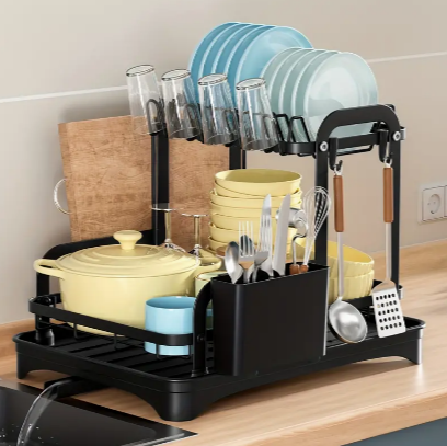 1pc Dish Drying Rack For Kitchen Counter Over The Sink, Larger 2-Tier Dish Drying Rack Drainboard Set With Double-Layer Bowl Rack, Cup Rack, Cutting Board, Restaurant Kitchen Accessories