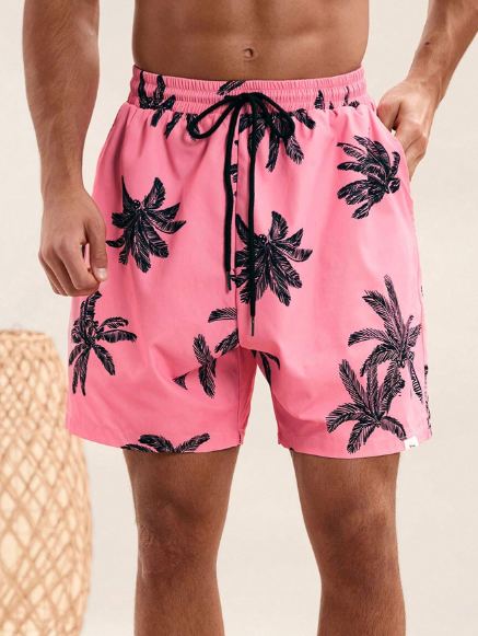 Manfinity VCAY Men's Beachwear, Summer Lightweight Breathable Woven Casual Shorts With Surfing Pattern, Hawaiian Style, Suitable For Vacation And Beach Activities