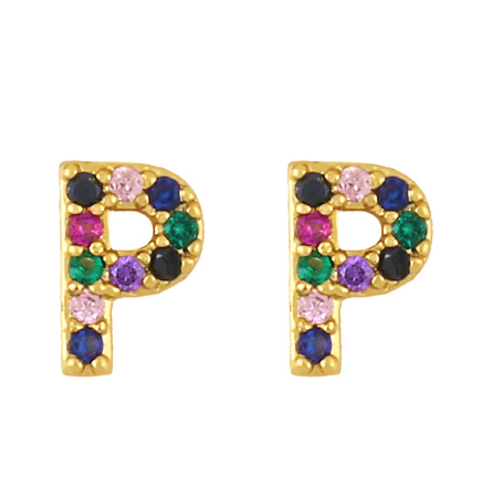 New European and American Fashion Gold 26 Letters Colorful Zircon Alphabet Stud Earrings Women Jewelry Gifts P