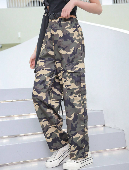 Tween Girl Camouflage Cargo Pants With Pocket And Wrinkle Design, Four Seasons Wearable For Sports, Leisure, Campus And Outdoor Style, Suitable For Mountain Climbing