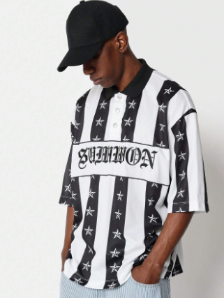SUMWON Mesh Polo Shirt With Starry Stripes Graphic Print