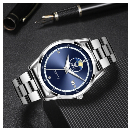 OPK Watch For Men Water Proof Original Stainless Steel Leather Strap With Box Fashion Luminous Quartz Watch BLUE DIAL SILVER STRAP