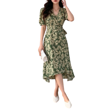 Lovito Women Boho Floral Criss Cross Belted Dress L68ED196 (Dark Green)