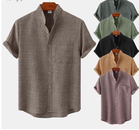 Men's Solid Color Cotton and Linen Button Up Polo Shirt Comfortable Slim Fit Short Sleeve Plain Pocket Shirt Black\ Red\ Brown\ Light Green\ Dark Green\ Khaki