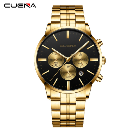 CUENA Men's Watch Original Brand Fashion Multifunction Luminous Business Sport Analog Quartz Stainless Steel Waterproof Watch GOLD BLACK