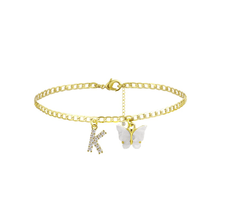 Fation Dainty Butterfly Initial Ankle Bracelets Handmade Cuban Chain White Butterfly A-Z Alphabet Letter Initial Anklets Summer Beach K
