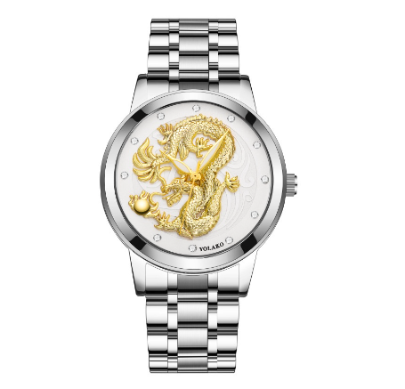 Fashion Men's Full Steel 3D Engraving Gold Dragon Quartz Waterproof Watch Men's Watch SILVER WHITE