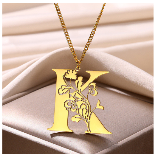 Beauty Flower A-Z Letter Necklaces for Women Men Stainless Steels Flower Initial Pendant Necklace K