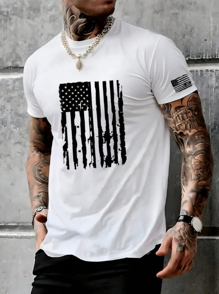Men Casual Americana Flag Print Short Sleeve Tee For Summer