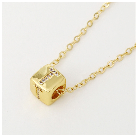18K Gold Plated Titanium Steel English Letter Pendant Necklace Collar Chain Women's Fashion Copper Inlaid Zircon Dice Necklace Neckchain T