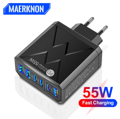 6 in 1 USB Charger Fast Charging Adapter Quick Charge QC3.0 For iPhone 14 13 Samsung Xiaomi Wall Phone Charger PD Type C Charger