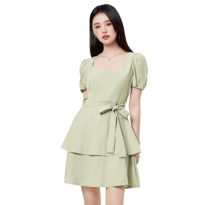Lovito Elegant Plain Puff Sleeve Popover Women Dress L33ED051 (Green)