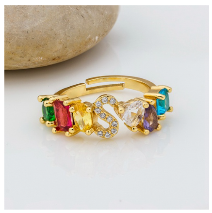 Hot Sale Adjustable A-Z 26 Initial Ring Bohemian Copper Zircon Rainbow Letter Rings for Women Girls Jewelry S