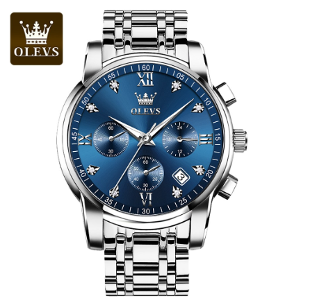Olevs Watch For Men Quartz Waterproof Multifunction Chronograph Gentleman Stainless Steel Business Watch BLUE DIAL SILVER CASE