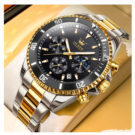 Olevs Fashion Watch For Men Quartz Authentic Water Proof Original Stainless Steel Business Calendar Chronograph Luminous Watch BLACK DIAL TWO TONE STRAP