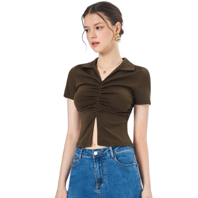 Lovito Women Casual Plain Drawstring Split Front T-Shirt L68ED270 (Brown)