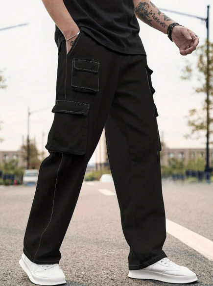 Men Fashion Solid Color Multi 3D Pockets Casual Pants