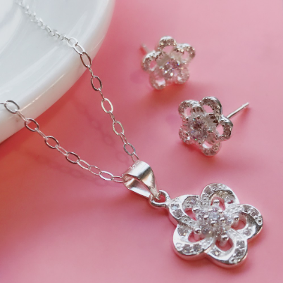 Silver Korean Jewelry Accessory Flower Necklace & Earrings Set
